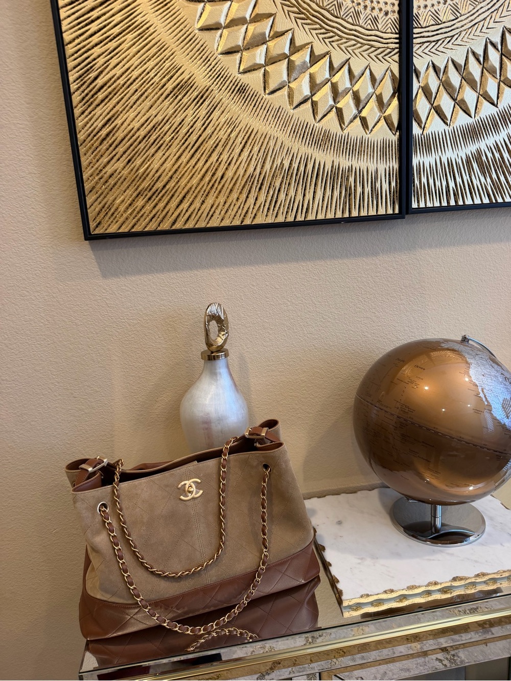 CHANEL Beige and Brown Quilted Chain Shoulder Tote 2026
